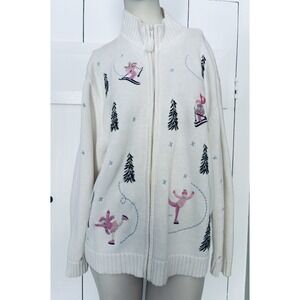 Crystal-Kobe Ice Skaters Ski Cardigan Sweater Christmas Granny Womens XL Vintage